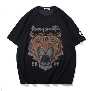 T-Shirt Homme Oversize Tête de Tigre en Strass Coton Épais Épaules Tombantes Sans Repassage Streetwear Hip Hop