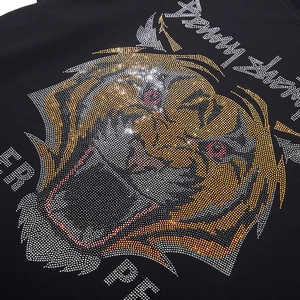 T-shirt noir pour homme avec motif de tête de tigre en strass dorés scintillants