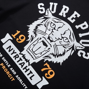 Men's black cotton t-shirt with silver tiger print and 1979 streetwear graphic