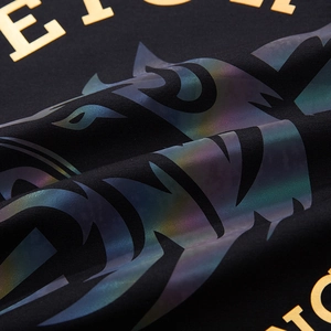 Men's oversized black T-shirt with colorful reflective wolf head print and gold details