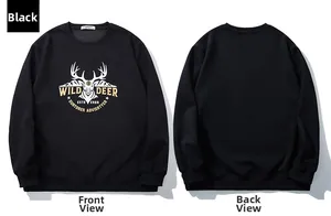 Front and back view of black sweatshirt featuring white deer head and wild lettering