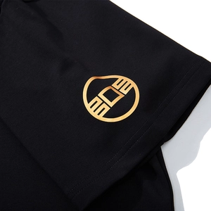 Men's black t-shirt with premium silver tiger head print and gold logo on short sleeve