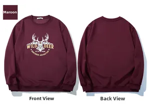 Front and back view of burgundy sweatshirt with deer head print and WILD DEER text