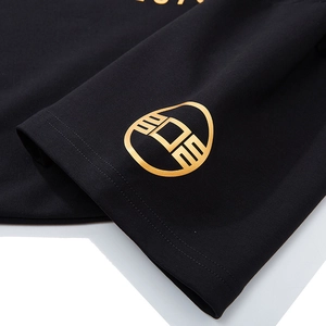 Men's black cotton sports t-shirt with golden wolf print and fine double stitching detail