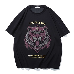 Men Sporty Cotton T-Shirt Heavy Rhinestone Tiger Graphic Round Neck Drop Shoulder Top Casual Loose Plus Size Black Tee