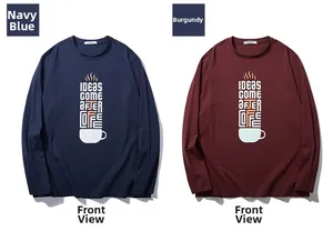Close-up of the coffee graphic print on navy blue and maroon long sleeve cotton T-shirts