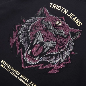 Men's autumn thick black T-shirt with rhinestone tiger head pattern and fashion branding