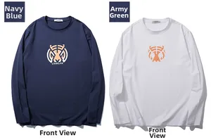 Detailed flat lay of navy and white long sleeve cotton t-shirts with tiger logo print