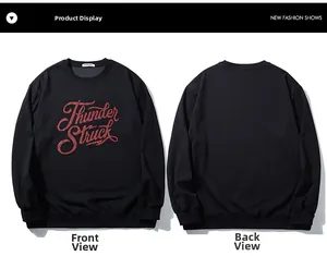 Front and back view of a black crewneck sweatshirt with red Thunder Struck lettering