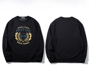 Front and back view of men's black sweatshirt with vintage motor style print