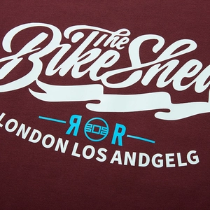 Men's oversized burgundy cotton long sleeve t-shirt with vintage Bike Shed graphic print