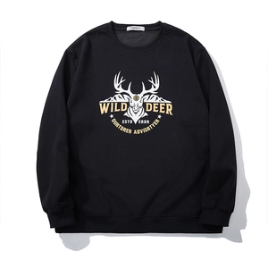 Black crewneck sweatshirt with wild deer graphic print and ribbed cuffs for men