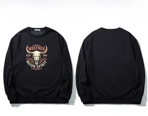 Detailed front and back view of men's black sweatshirt with vintage bull skull print