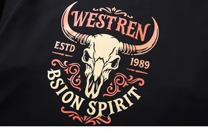Detail of vintage bull skull print on black cotton sweatshirt for men with bison text