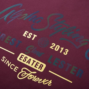 Sudadera burgundy de gran tamaño con estampado holográfico y diseño vintage dorado