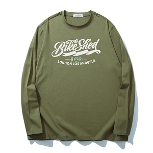 Army green plus size cotton long sleeve T-shirt with vintage white letter print design