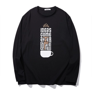 Men's loose black cotton long sleeve T-shirt with Ideas Come After Coffee print
