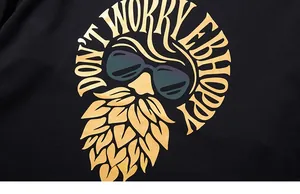 Detail of creative beard print and 'Don't Worry Be Hoppy' text on black cotton T-shirt