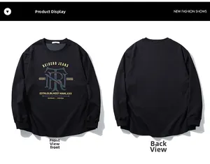 Flat lay view of men's black long sleeve T-shirt with vintage gold and blue graphic print