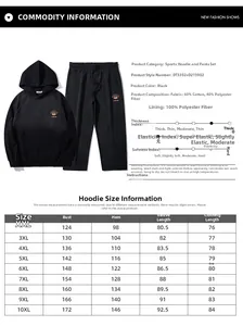 Detailed size chart for men's plus size hooded sports tracksuit ranging from XXL to 10XL