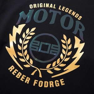 Men's winter hoodie with gold foil and colorful motor theme graphic print detail