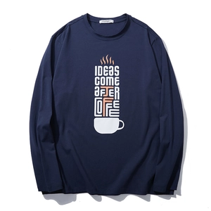 Men's navy long sleeve cotton t-shirt featuring coffee-themed graphic letter print