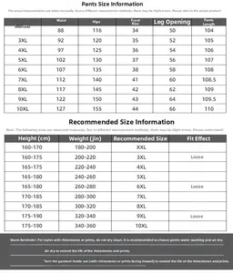 Detailed size chart for men's plus size sports pants ranging from 2XL to 10XL dimensions