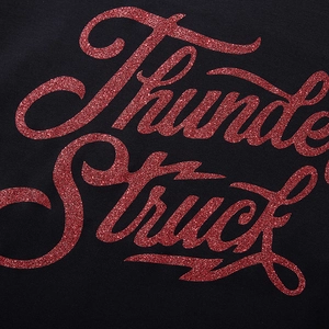 Men's black sweatshirt with red glittery Thunderstruck artistic lettering on chest