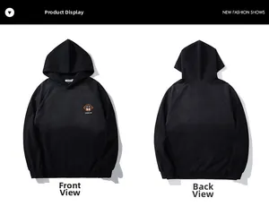 Front and back view of black fleece hoodie with orange monkey graphic and kangaroo pocket