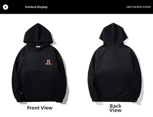 Vue à plat détaillée d'un sweat à capuche noir avec broderie orange de la lettre B