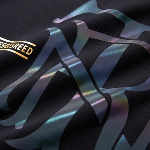 Men's black long sleeve thermal T-shirt with rainbow reflective and gold print design