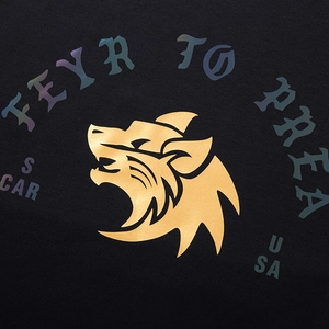 Men's winter hoodie featuring a metallic gold wolf head and iridescent print design