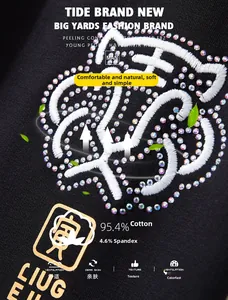 Gros plan de la broderie tigre et des strass sur un jogging en coton noir de qualité