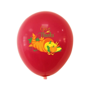 Red Thanksgiving latex balloon with 'Give Thanks' print, pumpkin and cornucopia designs