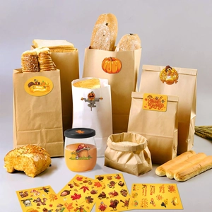 Thanksgiving stickers with turkey and maple leaf patterns on various gift packaging