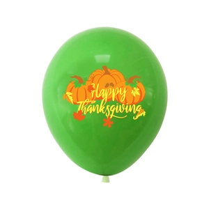 Green Thanksgiving latex balloon with Happy Thanksgiving text and orange pumpkin prints