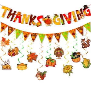 Thanksgiving party decoration set with turkey banner, fall leaves and spiral swirls