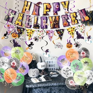 Complete Halloween party decoration set with Happy Halloween banner, balloons and swirls