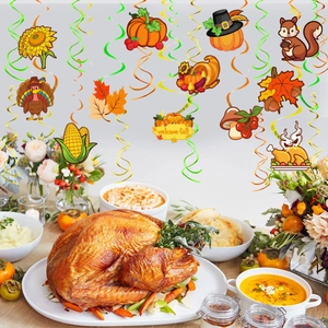 Detail of Thanksgiving hanging swirls featuring turkey, pumpkin, and autumn leaf cards