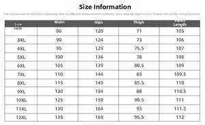 Tableau des tailles pour pantalons de sport grande taille homme de la taille XXL à 12XL