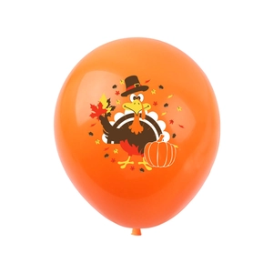 Orange Thanksgiving latex balloon featuring cartoon turkey, pumpkin, and autumn leaf patterns