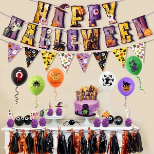 Halloween party decoration set with Happy Halloween banner, balloons, and cake toppers