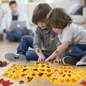 Thanksgiving stickers set with turkeys and maple leaves for kids holiday craft decoration