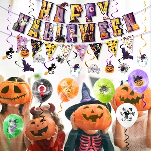 Halloween party set with Happy Halloween banner, hanging swirls, and printed balloons