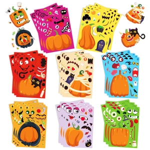 Detailed grid layout of 9 colorful Halloween pumpkin DIY sticker sheets with various faces