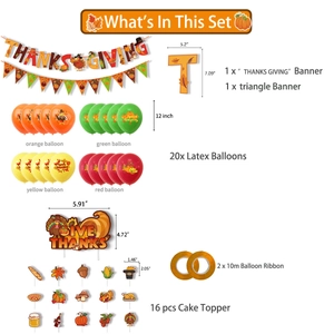 Vue détaillée du kit de fête de Thanksgiving avec bannière, ballons et toppers