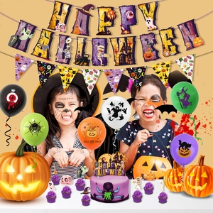 Halloween party decoration set with Happy Halloween banner, balloons, and cake toppers