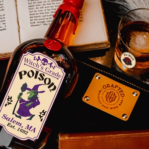 Retro Halloween bottle sticker with witch poison label and red wax seal on glass bottle
