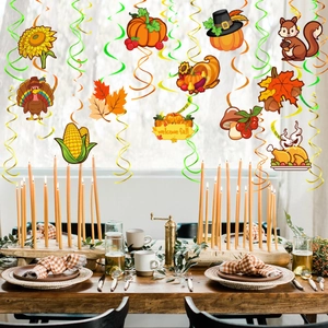 Detail of Thanksgiving hanging swirls featuring turkey and maple leaf decorations