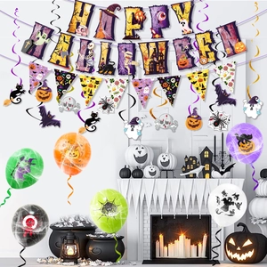 Halloween party decoration set with Happy Halloween banners, spooky balloons and hanging swirls